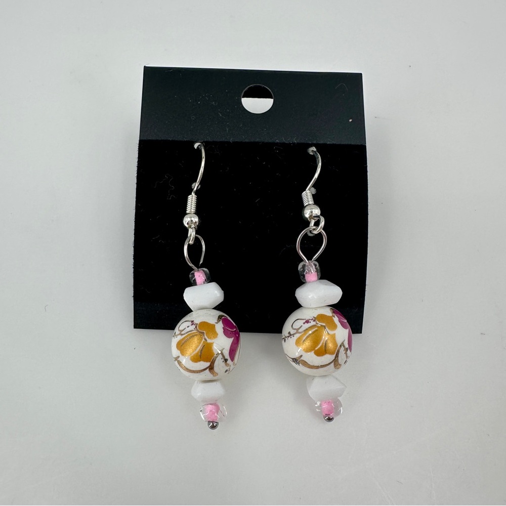 Handcrafted Artisan Floral Bead Dangle Hook Drop Earrings White Purple Pink Gold